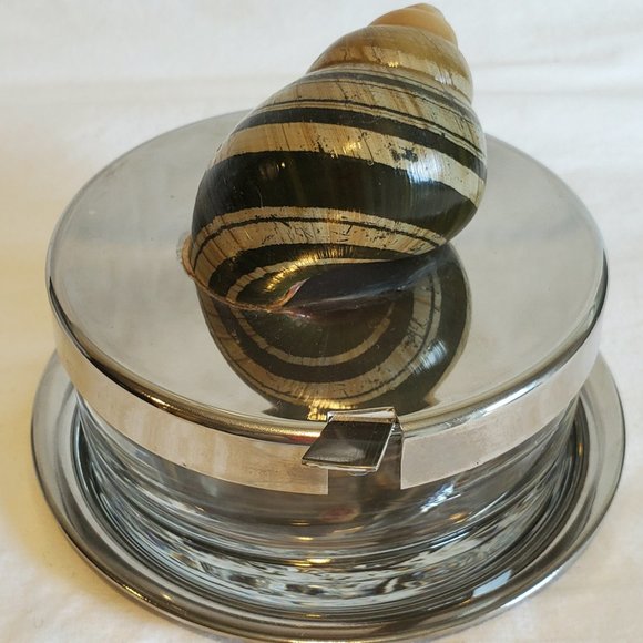 VTG Blown Glass Condiment/Sauce Bowl Metal Lid Spoon Underplate Shell Knob Italy - Picture 6 of 16